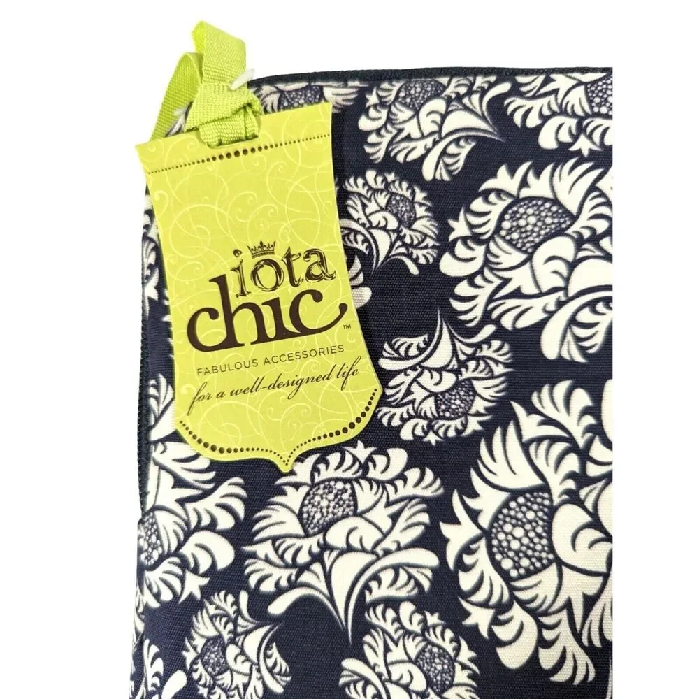 Iota Chic Daphne Padded iPad Case White Floral Navy Zipper Pocket 9.75 x 7.75